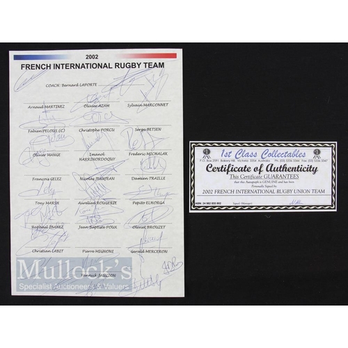 381 - Autographs, 2002 France Rugby Squad in Australia (18): On a customised, named sheet and with Certifi... 