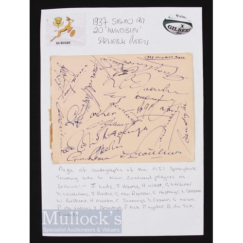 383 - Autographs, 1937 Rugby Springboks in NZ (20): Danie Craven and 19 others from the hugely successful ... 