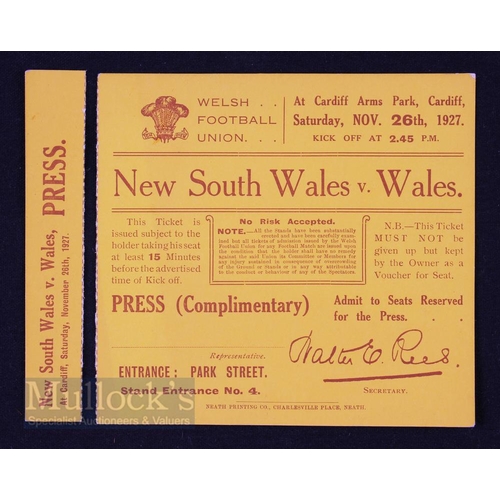 391 - Rugby Ticket, Wales v NSW, 1927: In neat folder, bright crisp & clean, a yellow Press ticket for thi... 