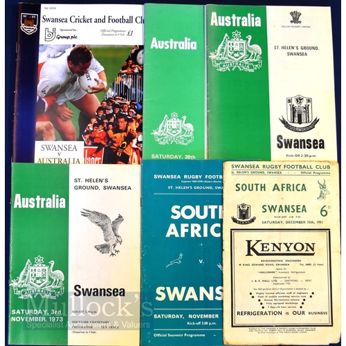 180 - Swansea v Tourists Rugby Programme Collection (6): Issues v Australia 1973 (Centenary), 1975, 1981 &... 