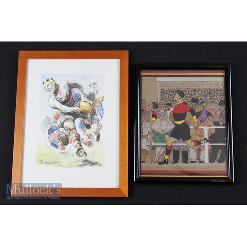 400 - Mid-20th century Framed Rugby Pictures (2): A typically thrilling, action-packed colourful Paul Ordn... 