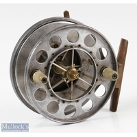 Allcock Aerial 3 wide spool centrepin reel with good circle maker's mark,  stamped 'Patent' to front