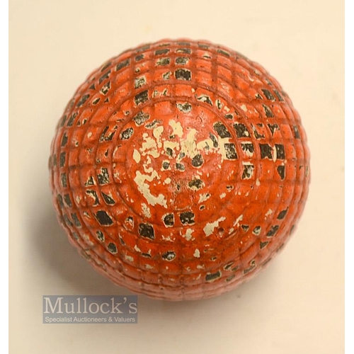 125 - Red Patent 27 fine moulded mesh pattern guttie golf ball - retaining a good covering of its red fini... 