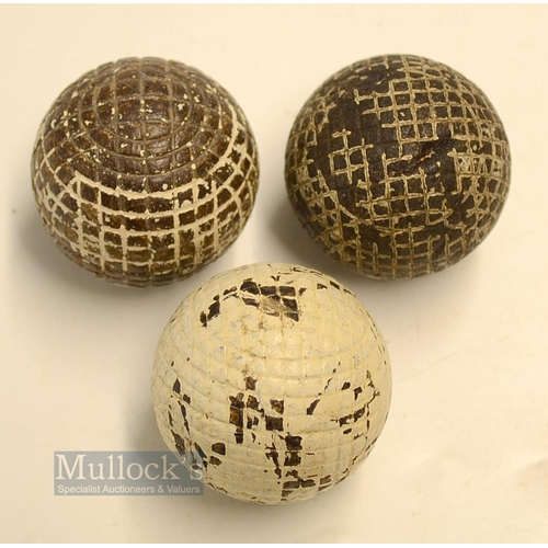 128 - 3x Mesh Marked Pattern guttie golf balls - all in good round condition with minimal cover damage, an... 