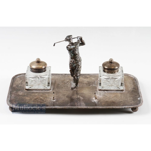 248 - Large Silver Plated Inkwell Desk Stand - comprising a 1920s Style Golfing Figure in the follow thro'... 