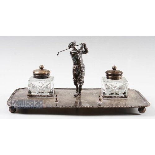 248 - Large Silver Plated Inkwell Desk Stand - comprising a 1920s Style Golfing Figure in the follow thro'... 