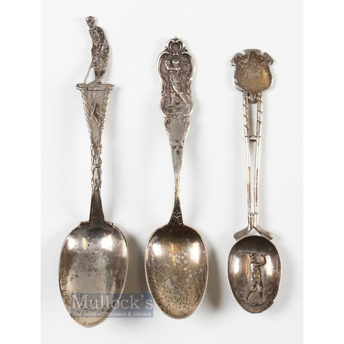 249 - 3x Interesting Golfing Silver Teaspoons decorated with various Vic. period golfers - all silver hall... 