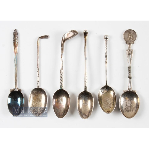 252 - Collection of Various Decorative Golfing Silver Teaspoons from 1920s (6) with either golf clubs, gol... 