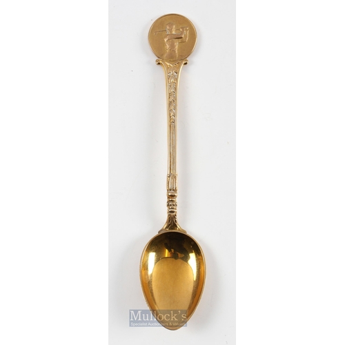 253 - Rare 9ct Gold Golfing Teaspoon with embossed golfing finial and golf clubs stem, hallmarked Birmingh... 