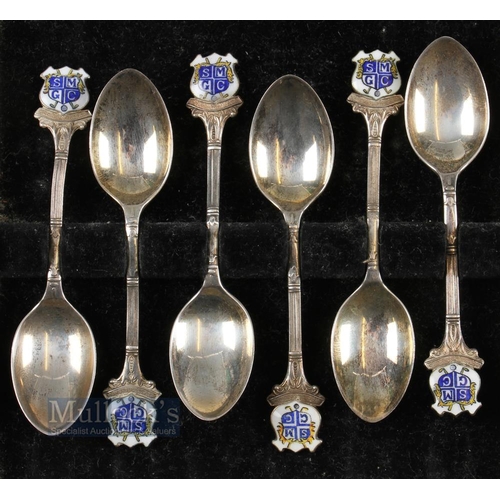 258 - Collection of 6x 1930s matching silver and enamel Golf Club teaspoons - with enamel shield design fi... 