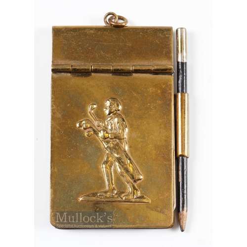 259 - Small Brass Note Pad and Pencil with embossed figure of young golfing caddy c1920/30s - c/w spring h... 