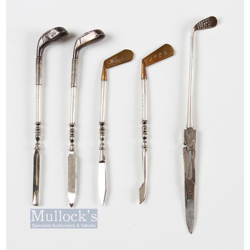 261 - Interesting 1920s set of 4x Sterling Silver Ladies Golf Club Manicures - featuring two with gilt clu... 