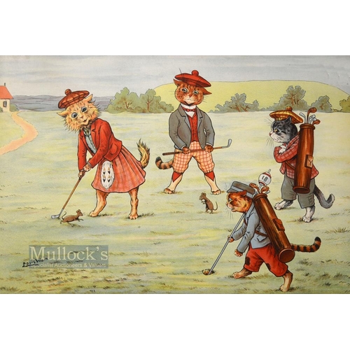 285 - Louis Wain (1860-1939) after - 2x original coloured lithographs of cats playing golf putting out on ... 