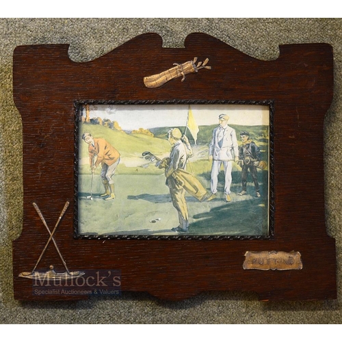 289 - Set of 4 Art Nouveau Decorative Framed Golfing Coloured Prints - each with raised gilt golf bag, cro... 