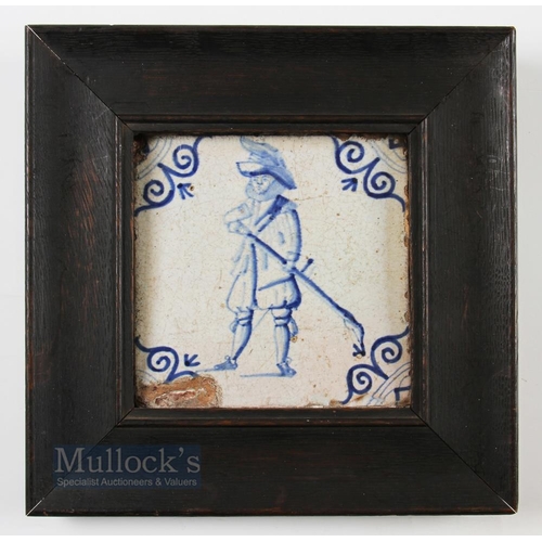 346 - Very Early Dutch Delft Kolf/Golf Tile c17thc - the glazed tile has Ox head corners, and the design a... 