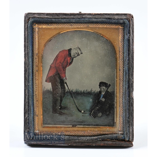 348 - Vic Coloured Ambrotype Photograph of Gentleman golfer and his boy caddie c1860 - showing a Vic golfe... 