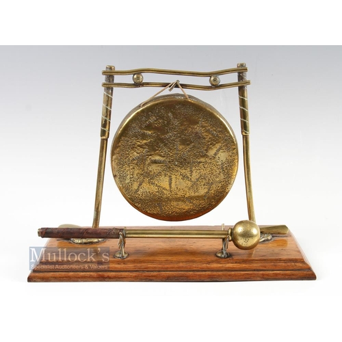 350 - Edwardian Style Brass Golfing Dinner Gong - mounted on light stained rectangular base featuring golf... 