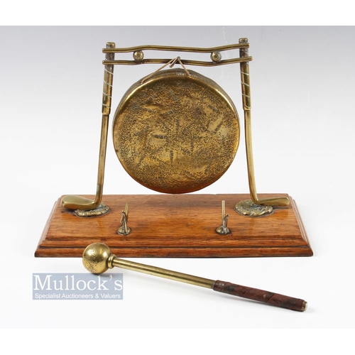 350 - Edwardian Style Brass Golfing Dinner Gong - mounted on light stained rectangular base featuring golf... 