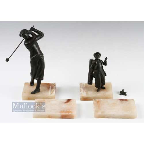 351 - Original Bronze Golfing figures marble bookends c1920s - featuring a golfer and his caddy - the club... 