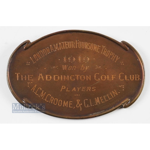 366 - Interesting 1919 London Amateur Foursome Trophy Large Oval Bronze Winners Medal - engraved on the re... 