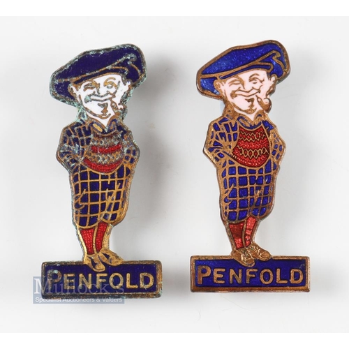 377 - 2x early Penfold men Enamel Golfing Figure Pin Badges - both stamped on the back H W Miller Ltd Bran... 