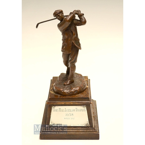 381 - Fine 'Hal Ludlow Golfing Trophy' dated 1938 - featuring Harry Vardon bronze golfing figure by Hal Lu... 