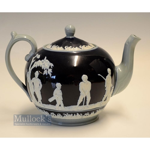 389 - Copeland Late Spode golfing tea pot c1910 - decorated with golfers in white relief in the round on b... 