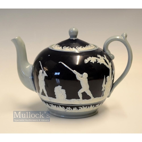 389 - Copeland Late Spode golfing tea pot c1910 - decorated with golfers in white relief in the round on b... 