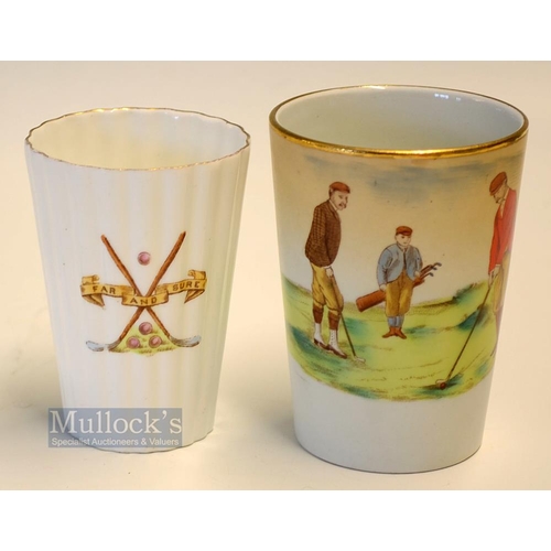 396 - 2x early 20thc Golfing Ceramic Beakers - fine Carlton Ware beaker with gilt rim and stamped with Reg... 