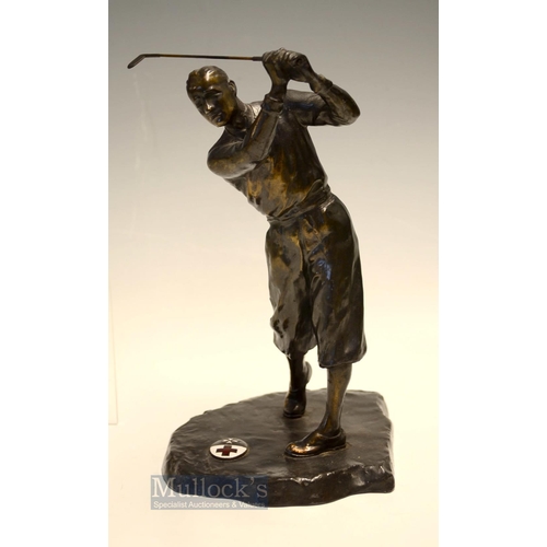 403 - Bobby Jones style bronze spelter golfing figure c. 1940s - mounted on a naturalistic base with red c... 