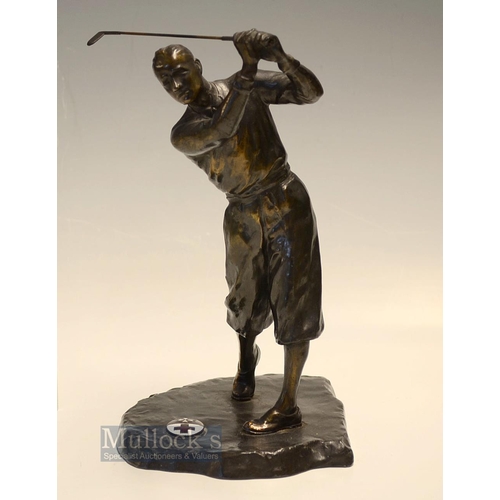 403 - Bobby Jones style bronze spelter golfing figure c. 1940s - mounted on a naturalistic base with red c... 