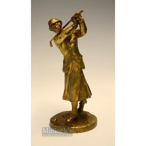 404 - An early Art Deco Gilt Bronze Figure of Lady Golfer by J Dunach - mounted on a naturalistic circular... 