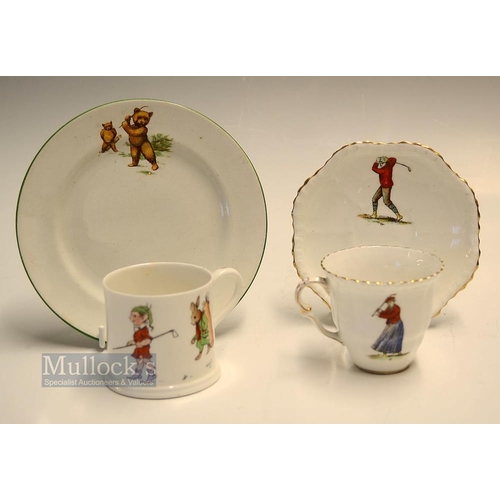 430 - 3x 20thc Golfing related bone china/ceramic items - delicate cup and saucer with hand painted period... 