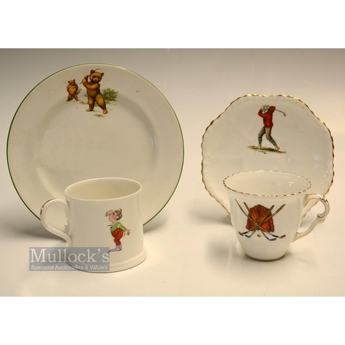 430 - 3x 20thc Golfing related bone china/ceramic items - delicate cup and saucer with hand painted period... 