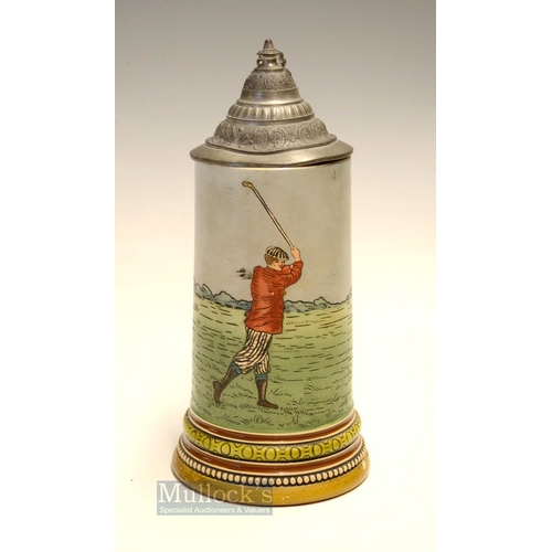 439 - Scarce Hauber & Reuther (1876-1910) Golfing Stoneware Beer Stein - decorated with a vivid golfing sc... 