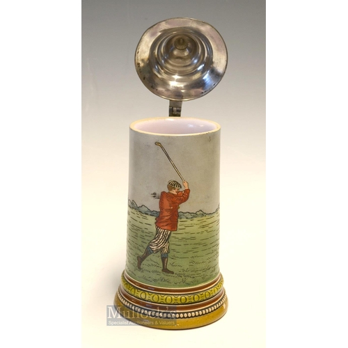 439 - Scarce Hauber & Reuther (1876-1910) Golfing Stoneware Beer Stein - decorated with a vivid golfing sc... 