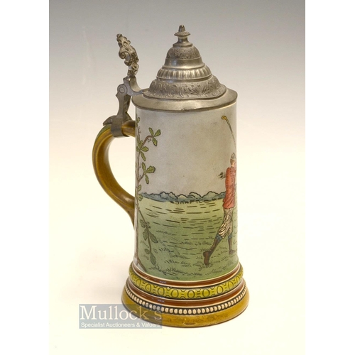 439 - Scarce Hauber & Reuther (1876-1910) Golfing Stoneware Beer Stein - decorated with a vivid golfing sc... 