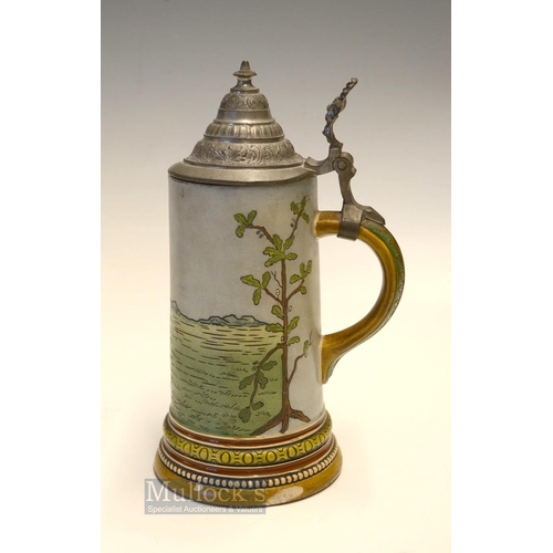 439 - Scarce Hauber & Reuther (1876-1910) Golfing Stoneware Beer Stein - decorated with a vivid golfing sc... 