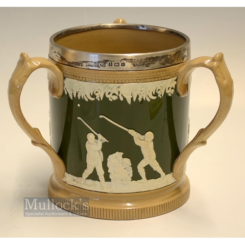 442 - Fine Copeland Late Spode large golfing ceramic silver band tyg early c1900s - decorated with golfers... 