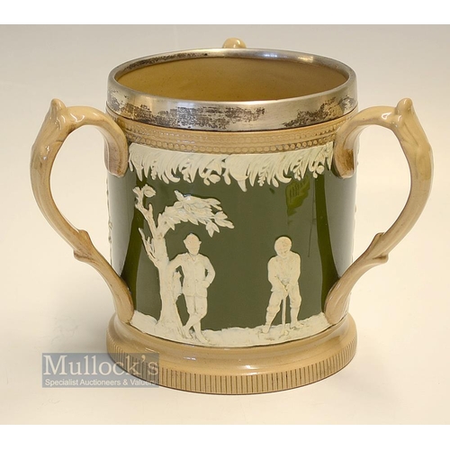 442 - Fine Copeland Late Spode large golfing ceramic silver band tyg early c1900s - decorated with golfers... 