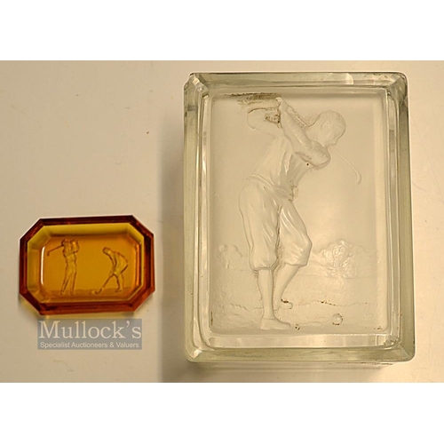 443 - Late 1920s Glass Trinket box with intaglio cut style figure of a golfer to the lid - 3x minor chips ... 