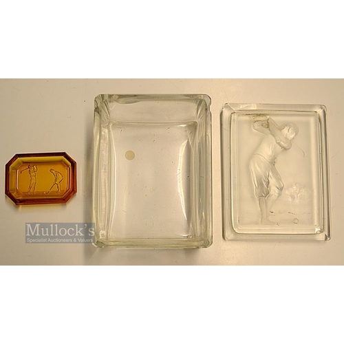 443 - Late 1920s Glass Trinket box with intaglio cut style figure of a golfer to the lid - 3x minor chips ... 