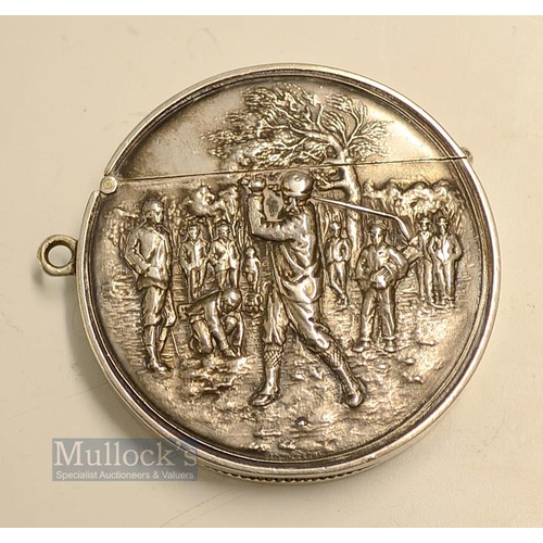 451 - Fine and early Silver Embossed Golfing Scene Vesta Case - hallmarked Birmingham 1908 the plain back ... 