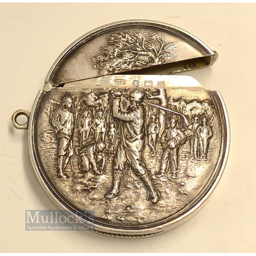 451 - Fine and early Silver Embossed Golfing Scene Vesta Case - hallmarked Birmingham 1908 the plain back ... 