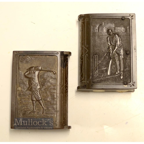 452 - 2x Scarce Golfing/Cricket Vulcanite Vesta Cases - faux book with embossed panel of Vic Golfer in Ful... 