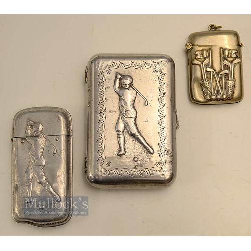 453 - 3x Interesting Decorative Period Golf Alloy Vesta Cases and Cigarette/Business Card Box c1900 - 2x w... 