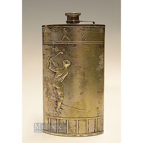 456 - Fine American Evans & Co silver plated golfing spirit flask c1930 - the front panel embossed with go... 