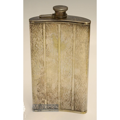 456 - Fine American Evans & Co silver plated golfing spirit flask c1930 - the front panel embossed with go... 