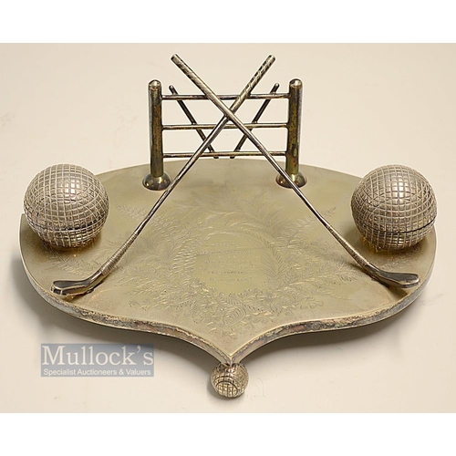 457 - Very early 1887 fine detailed Silver Plated Golfing Writing Desk Inkwell Stand - with stunning cross... 