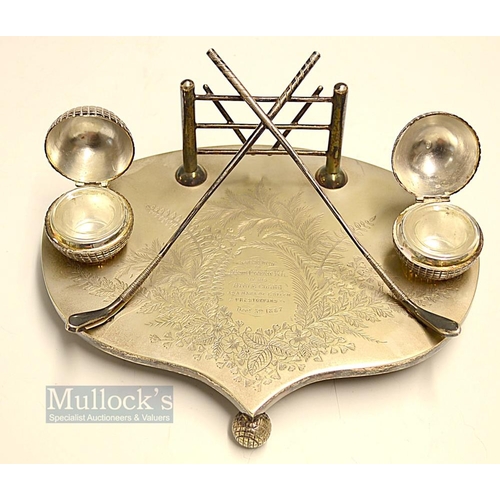 457 - Very early 1887 fine detailed Silver Plated Golfing Writing Desk Inkwell Stand - with stunning cross... 